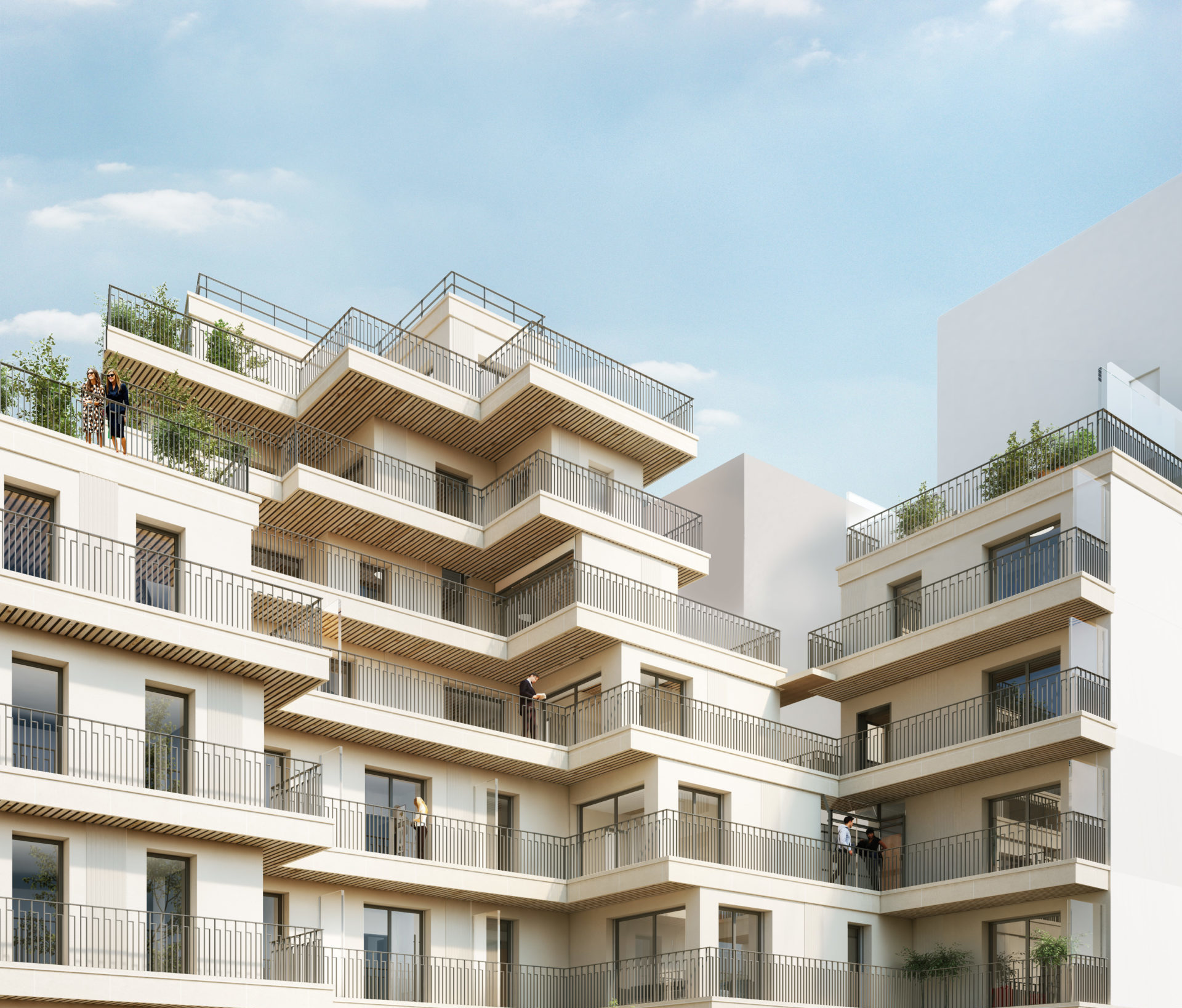 Perspective 3d logements neufs avec terrasses et balcons en escaier