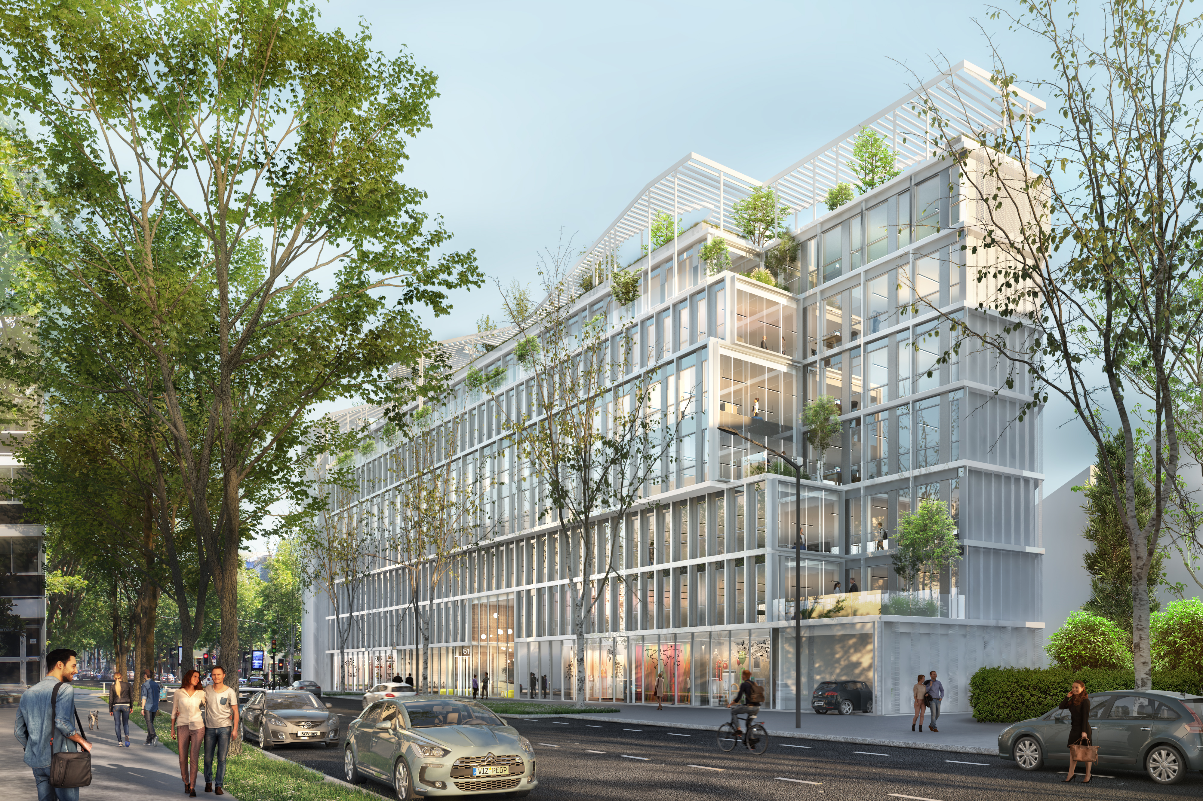 Perspectives 3d de la façade en verre et végétalisée du bâtiment Praxagora à Boulogne