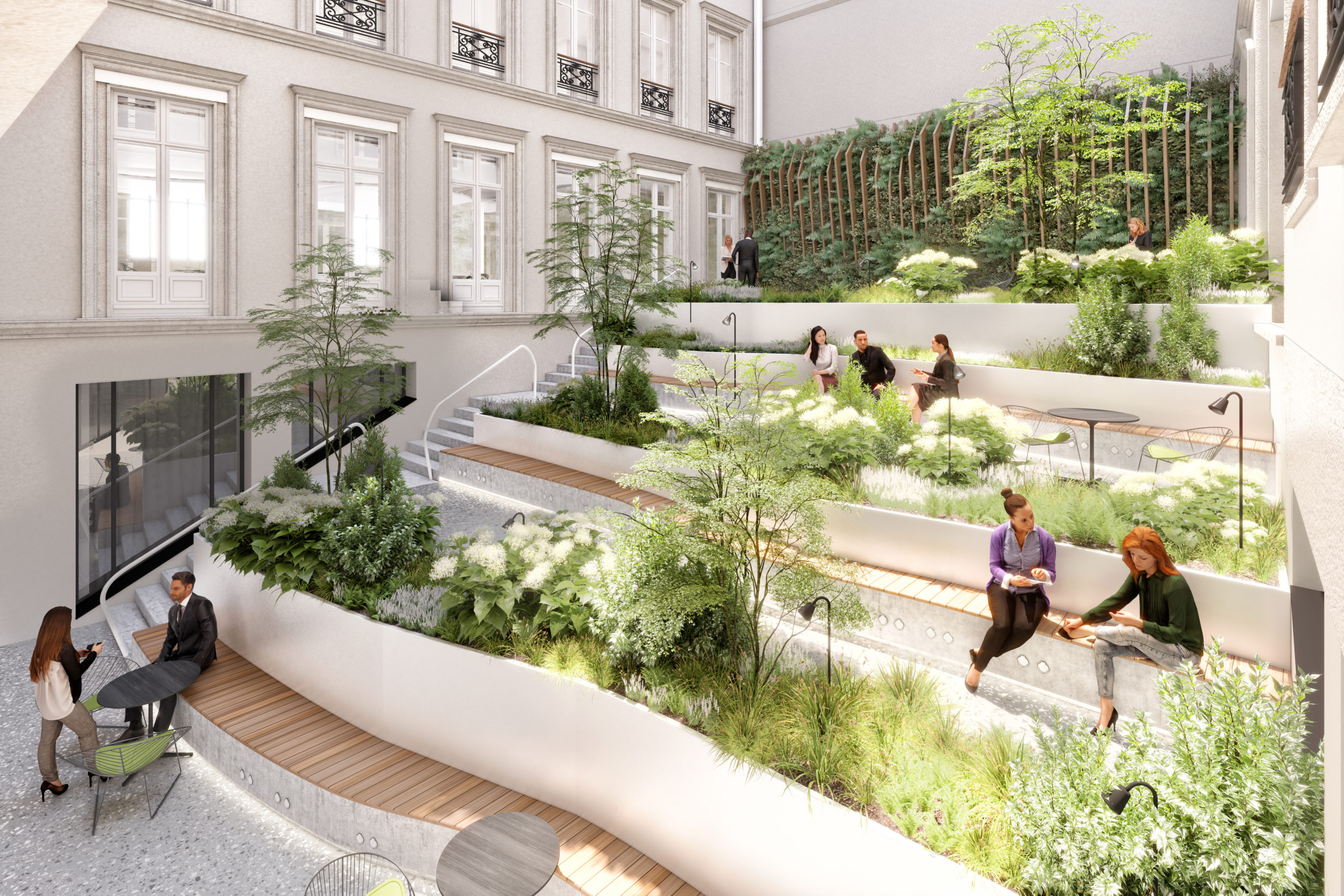 Perspective 3d d'un patio extérieur d'un immeuble de bureaux, en gradins avec assises en bois et végétation luxuriante