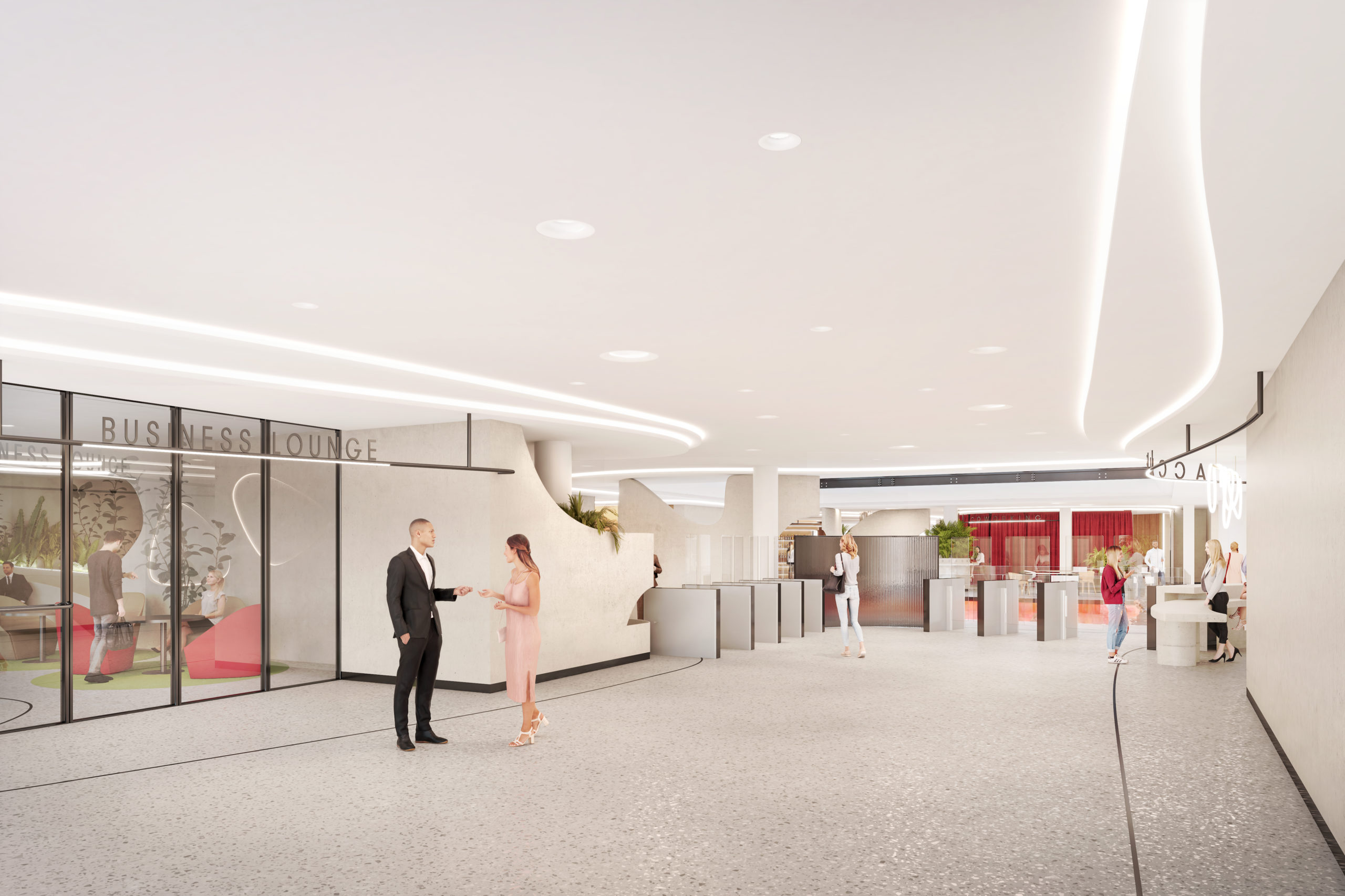Perspective 3d d'un couloir de bureaux modernes avec accueil et salle business lounge