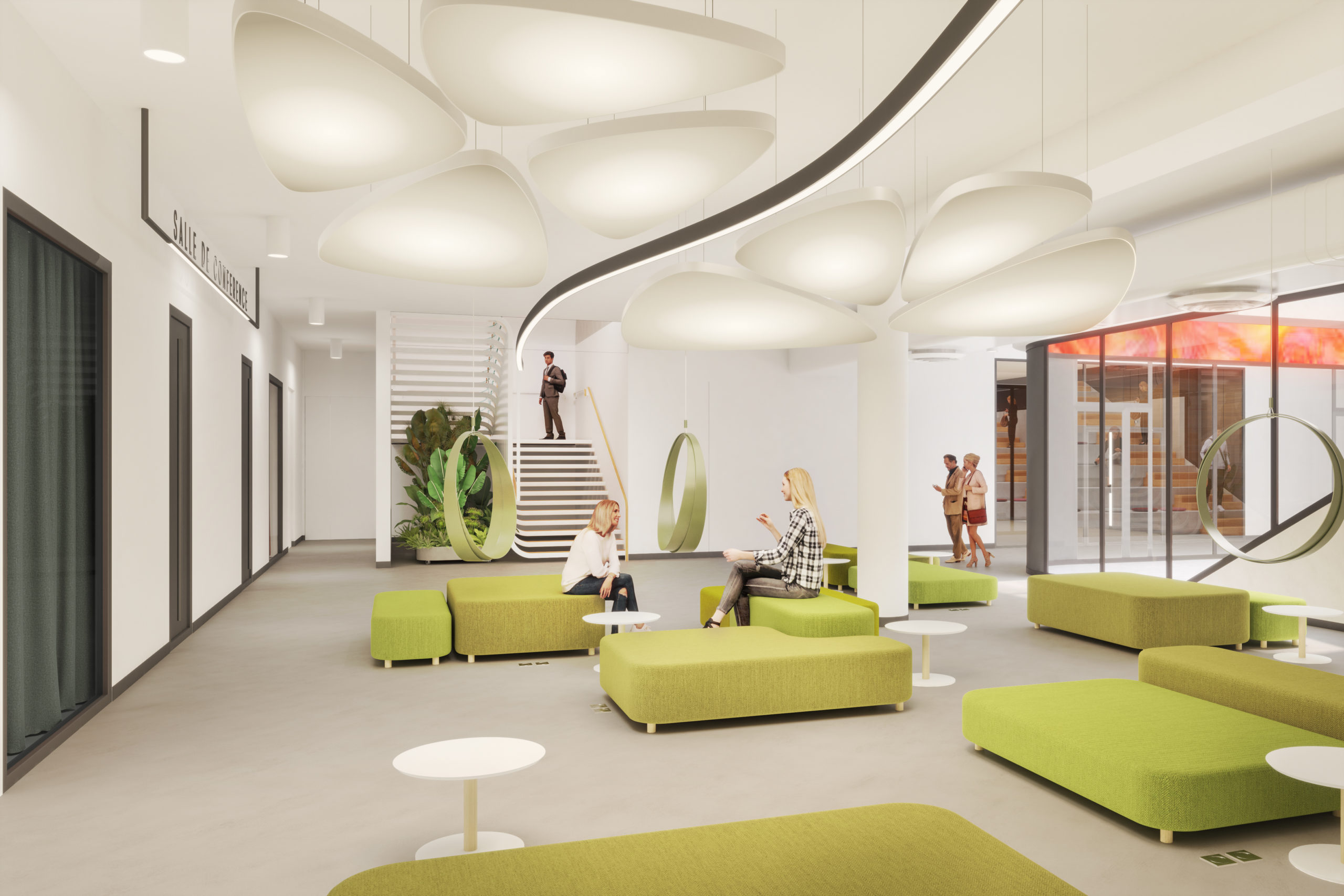 Perspective 3d d'un espace avec canapés verts devant des salles de conférence au rez-de-chaussée d'un immeuble de bureaux