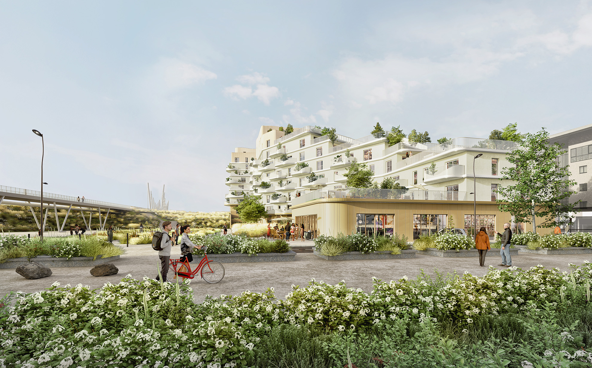Image 3d d'un immeuble de logements clair en épannelage avec un commerce, un pont et un environnement très végétal.