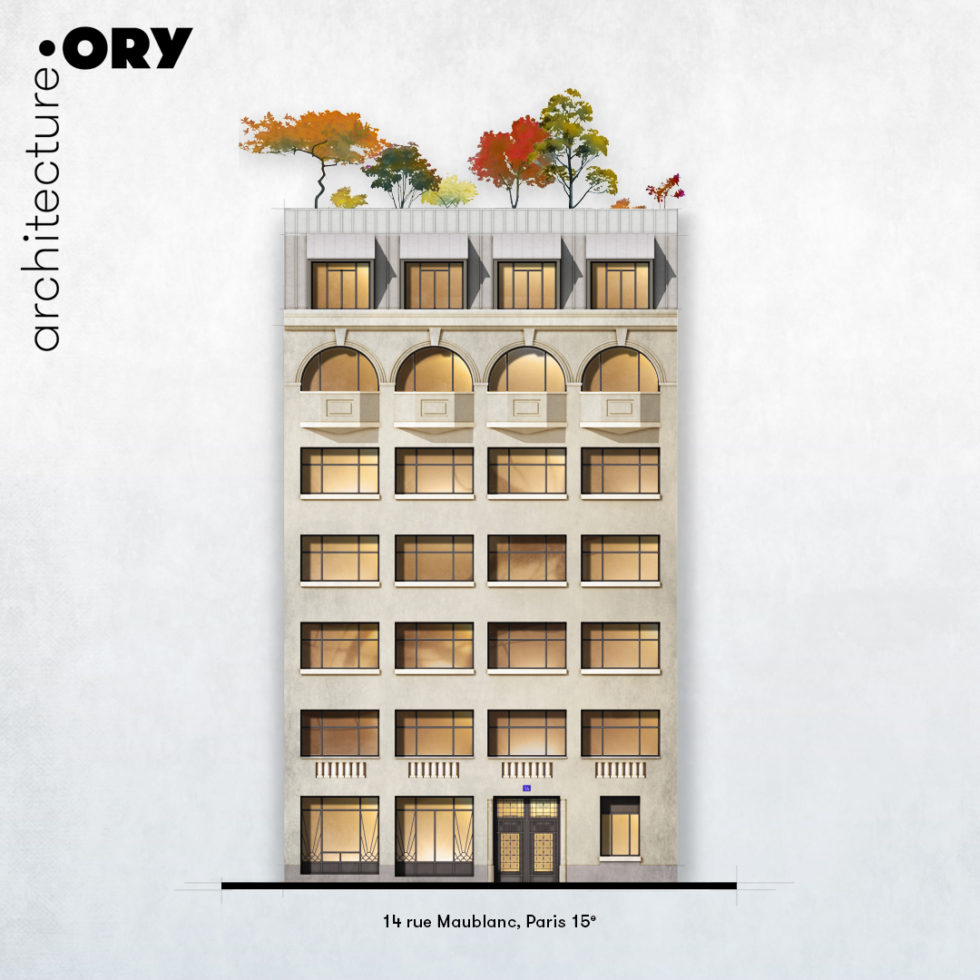 Dessin de la façade des bureaux de l'agence ORY.architecture au 14 rue maublanc paris 15e.